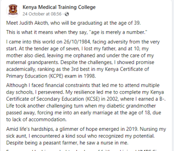 KMTC Official Facebook post about Judith Akoth, a student graduating at 39 with a diploma in nursing.